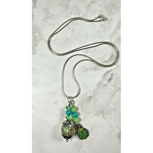 Sterling Silver Necklace w/ Fun Pale Green Crackle Glass & Ladybug Dangles - 24"